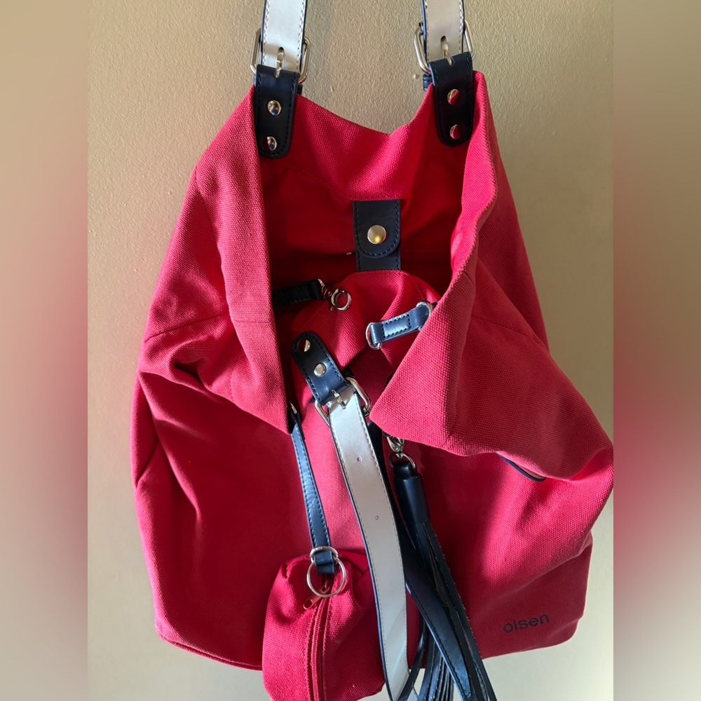 Olsen Europe Red Canvas Tote Bag with Blue Straps - Picture 7 of 14